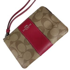 COACH Signature Canvas Wristlet in Khaki and Red